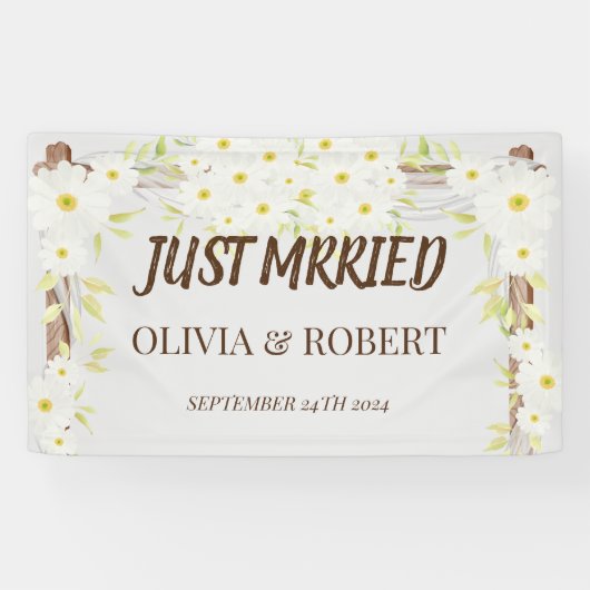 デイジーたった今結婚しました結婚式の木製フローラ 横断幕 (横)