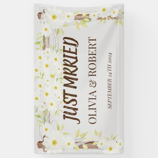 デイジーたった今結婚しました結婚式の木製フローラ 横断幕 (縦)