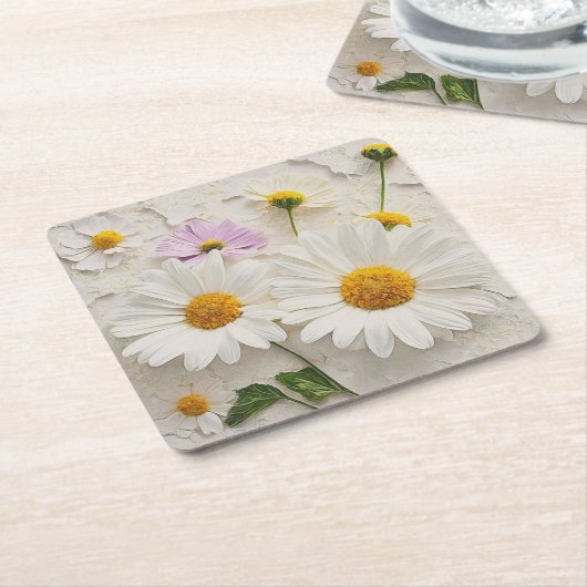 デイジーとコスモスオン動揺して紙 スクエアペーパーコースター (アングル)