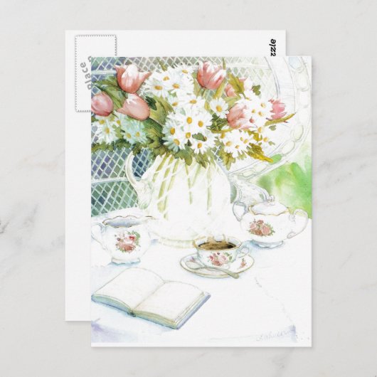 デイジーとチューリップとお茶はがき ポストカード (正面/裏面)