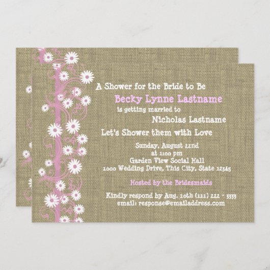 デイジーとバーラップピンクブライダルシャワー 招待状 (正面/裏面)