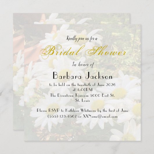 デイジーとフローイエローのスクリプトブライダルシャワー 招待状 (正面/裏面)