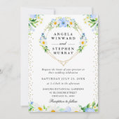 デイジーとブルーフラワーズハート結婚リース 招待状 (正面)