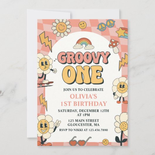 デイジーとレトロヴァンピンクグルーヴィワンの誕生日 招待状 (正面)