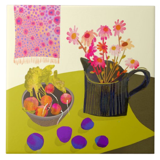 デイジーと大根キッチントリベット タイル (正面)