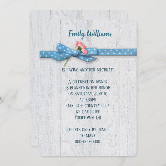 デイジーと水玉模様リボンの木の誕生日招待状 招待状 (正面/裏面)