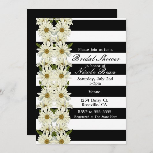 デイジーと白黒ストライプモダンフローラ 招待状 (正面/裏面)