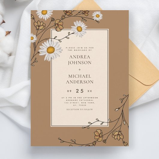 デイジーと秋の花の森の葉秋結婚の 招待状