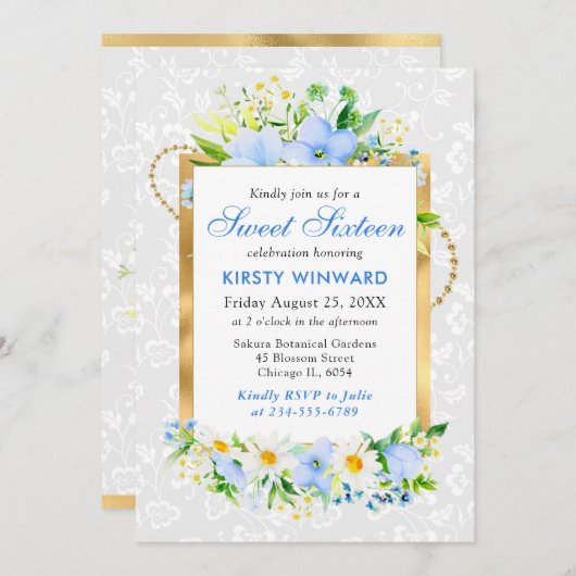 デイジーと青い夏の花ゴールドフォイルスウィート16 招待状 (正面/裏面)