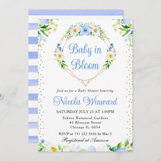 デイジーと青い花ハートリース赤ちゃんシャワー 招待状 (正面/裏面)