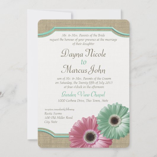 デイジーとBurlapミントグリーンとピンク 招待状 (正面)