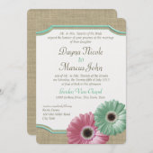 デイジーとBurlapミントグリーンとピンク 招待状 (正面/裏面)