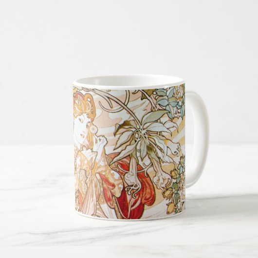 デイジーのアールヌーボーのマグを持つアルフォンス島のミュシャの女性 コーヒーマグカップ (正面右)