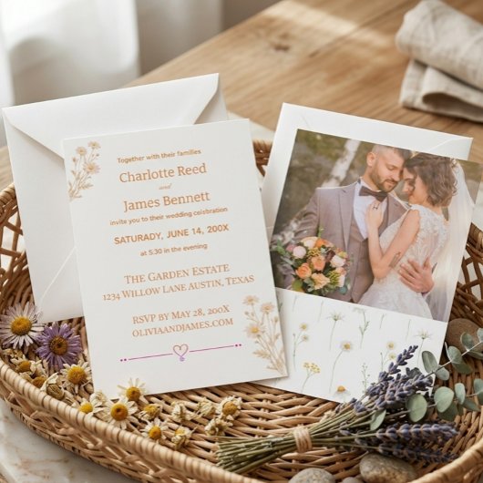 デイジーのテーマのミニマルでエレガントな結婚式 招待状