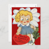 デイジーのバレンタインカードを持つヴィンテージのレトロの女の子 シーズンポストカード (正面/裏面)