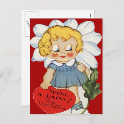 デイジーのバレンタインカードを持つヴィンテージのレトロの女の子 シーズンポストカード (正面/裏面)