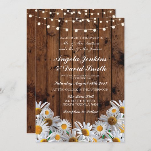 デイジーの木製の結婚式の素朴な花の軽い招待状 招待状 (正面/裏面)