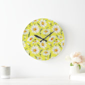 デイジーの水色、黄色のシームレスなパターン。 ラージ壁時計 (ホーム)