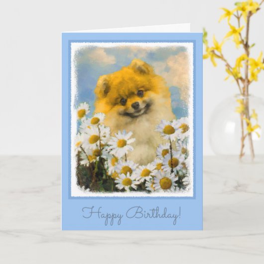 デイジーの絵を描くことのポメラニア犬-元の犬の芸術 カード (黄色い花)