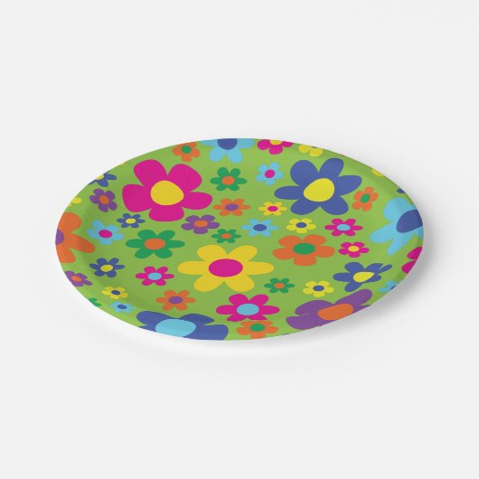 デイジーの花かわいいカラフル1歳の誕生日パーティー ペーパープレート (アングル)