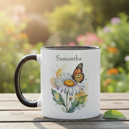 デイジーの花と水彩の蝶 マグカップ