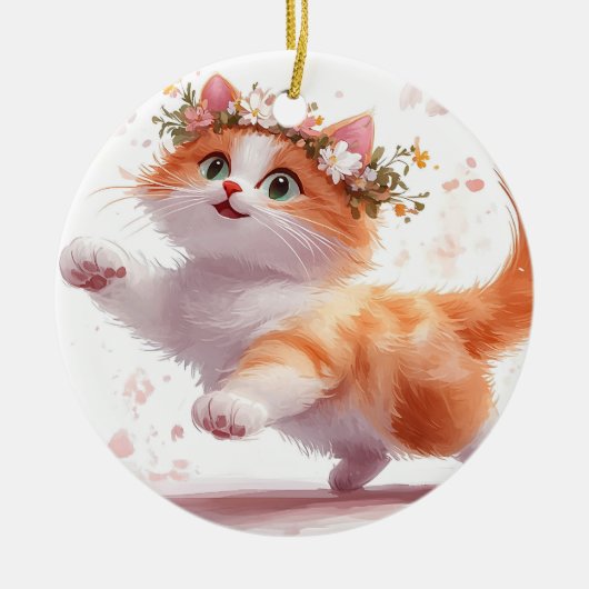 デイジーの花冠をかぶった遊び心あふれる子猫 セラミックオーナメント (正面)