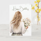 デイジーの花束を持つ女性の誕生日 カード (黄色い花)