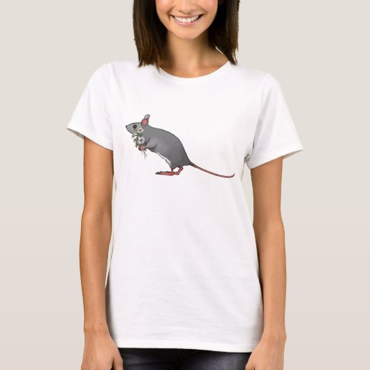 デイジーの花束を運んでいるかわいいマウス Tシャツ (正面)
