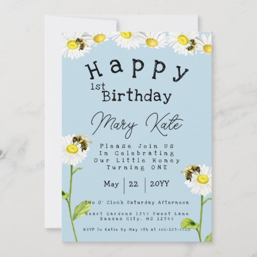 デイジーの花 1歳の誕生日 ハチ 招待状 (正面)