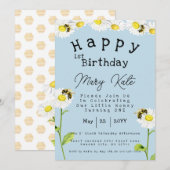 デイジーの花 1歳の誕生日 ハチ 招待状 (正面/裏面)