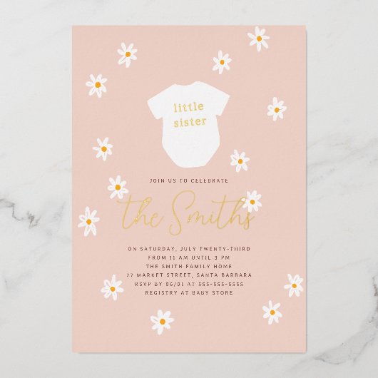 デイジーの花Boho妹光沢のある赤ちゃんシャワー 箔招待状 (正面)