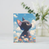 デイジーの野花の夏の牧場の黒猫 ポストカード (スタンド正面)