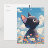 デイジーの野花の夏の牧場の黒猫 ポストカード (正面/裏面)