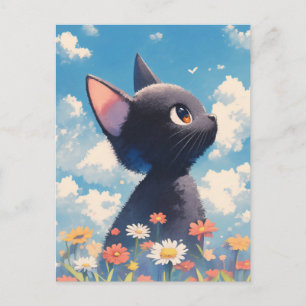 デイジーの野花の夏の牧場の黒猫 ポストカード