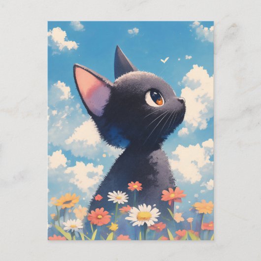 デイジーの野花の夏の牧場の黒猫 ポストカード (正面)