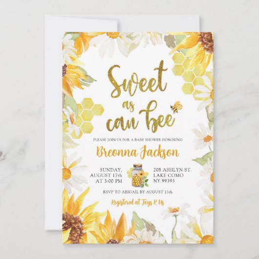 デイジーひまわり甘い缶蜂の赤ちゃんシャワー 招待状 (正面)