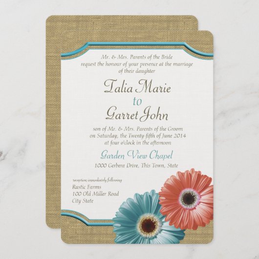 デイジーアンドバーラップコーラルアンドアクア 招待状 (正面/裏面)