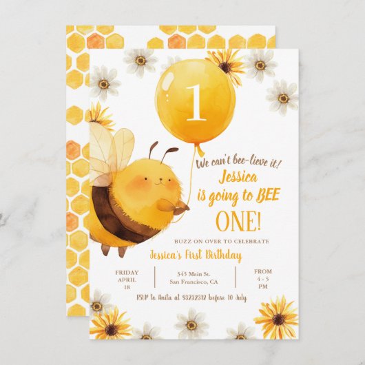 デイジーアンドビーサンフラワーファースト誕生日 招待状 (正面/裏面)