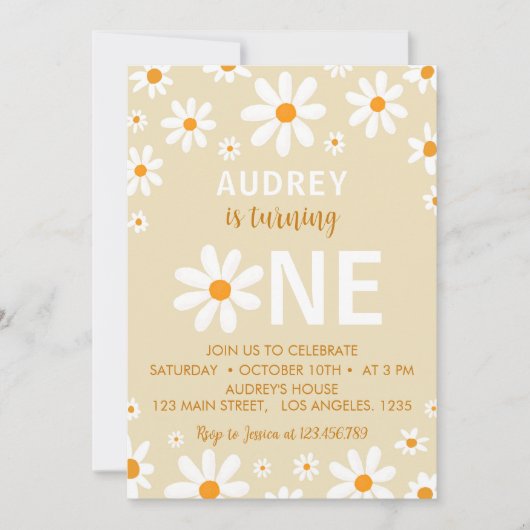デイジーイエローレトロ最初の誕生日パーティーの招待 招待状 (正面)