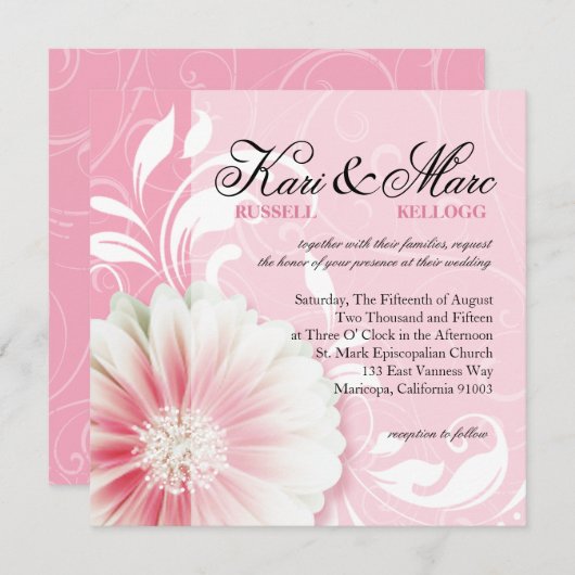 デイジーエレガントスクロールが華やかに | 桃色 招待状 (正面/裏面)