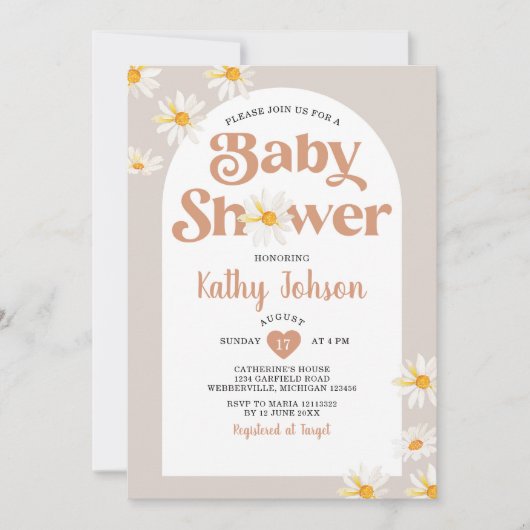 デイジーエレガントフラワーアーチボホベイビーシャワー 招待状 (正面)