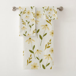 デイジーエレガントフローラデザインアイボリーグリーナリーブランチ バスタオルセット