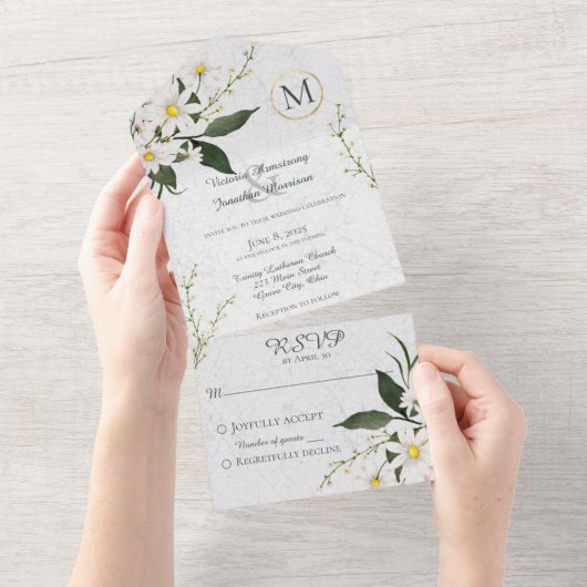 デイジーオンひび割れた白モノグラムの絵を描 オールインワン招待状 (貼ってはがせる)