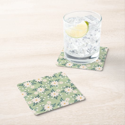 デイジーオンパステルグリーンバックグラウンド スクエアペーパーコースター (インサイチュ)