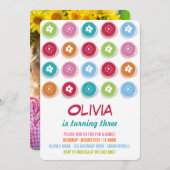 デイジーカラフルフラワードットガール誕生日招待状 招待状 (正面/裏面)