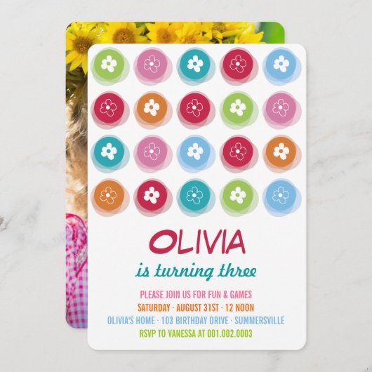 デイジーカラフルフラワードットガール誕生日招待状 招待状 (正面/裏面)
