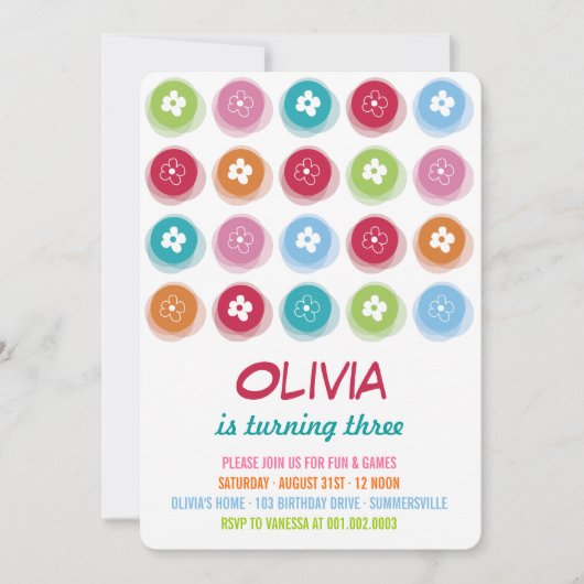 デイジーカラフルフラワードットガール誕生日招待状 招待状 (正面)
