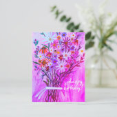 デイジーカラフルブーケハッピーバースデーパープル ポストカード (スタンド正面)