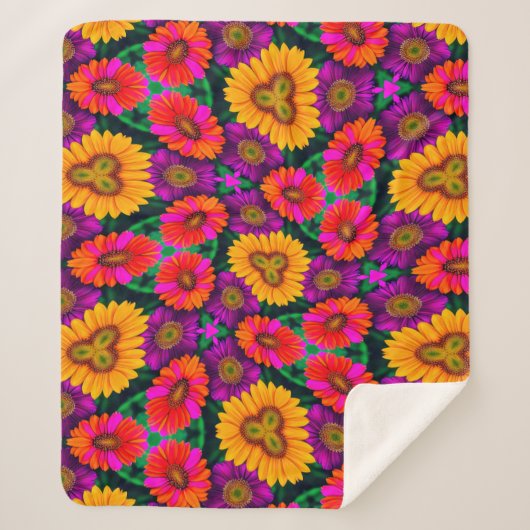 デイジーカラフルブーケ模様 シェルパブランケット (正面)