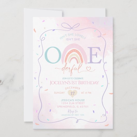 デイジーカラフル手描き1st誕生日レインボーボホ 招待状 (正面)